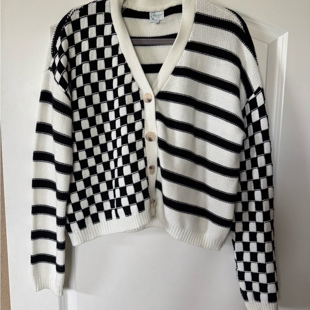 Blue Rain Black and White Patterned Cardigan